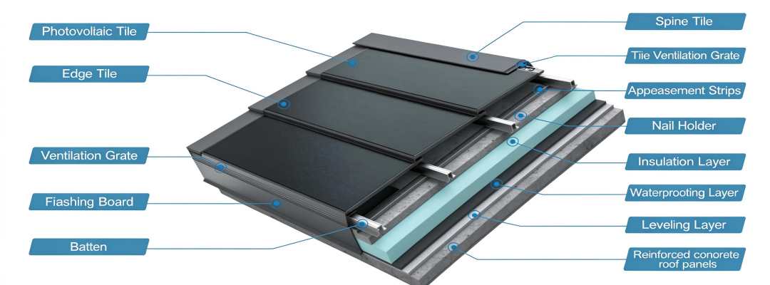greenmore-solar-roof-tile-pitched-roof-structure Exploded cross-sectional diagram of GreenMore solar tile pitched roof multi-layer installation structure