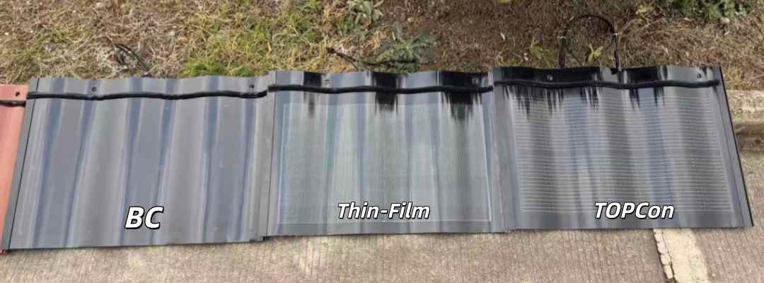 greenmore-bc-thin-film-topcon-solar-roof-tile-comparison A physical comparison of solar tiles using GreenMore BC, Thin-Film, and TOPCon battery technologies.