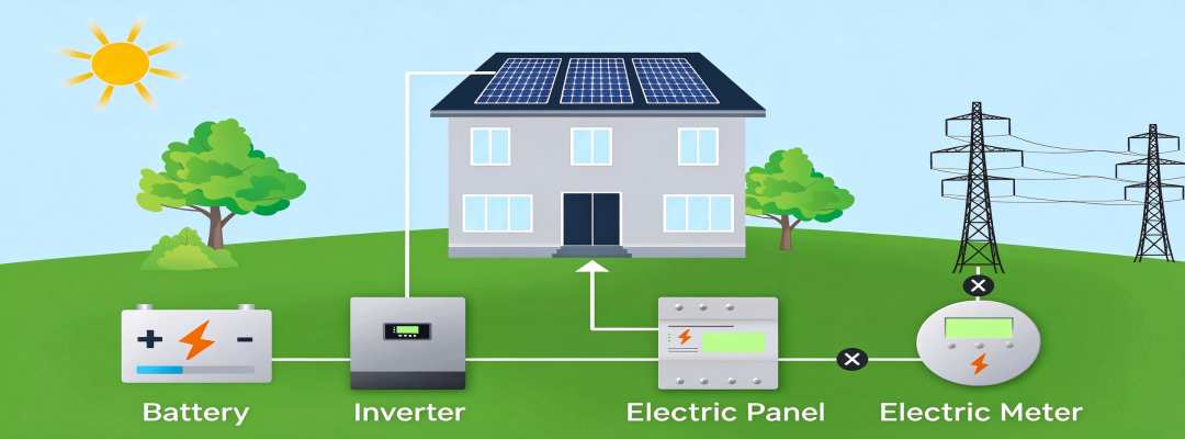 Schematic diagram of GreenMore residential solar tiles, energy storage batteries, and inverters for off-grid power supply.