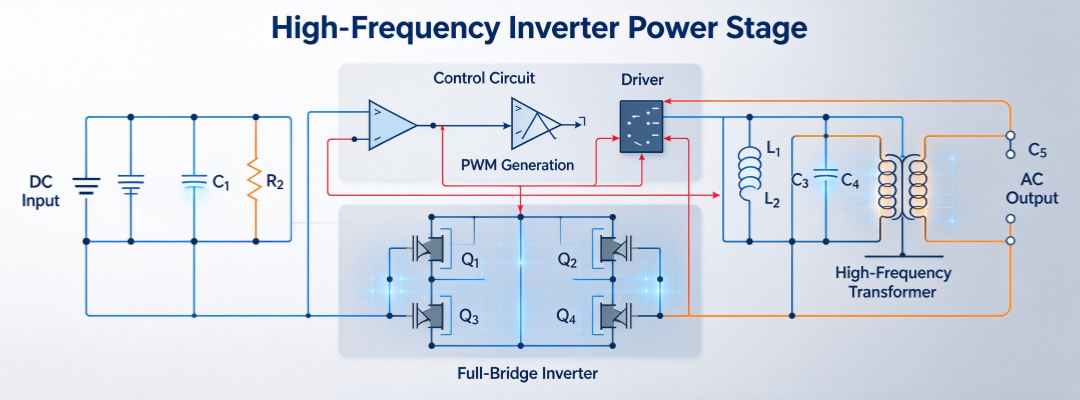 GreenMore High-Frequency Solar Inverter Full-Bridge Topology and Transformer Power Stage Circuit Schematic
