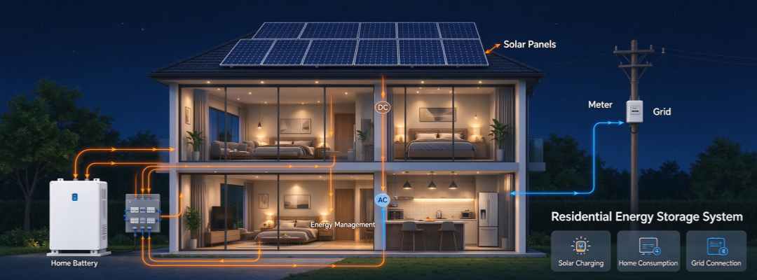 A diagram illustrating how GreenMore homes use energy storage batteries and solar tiles for whole-house power supply at night.