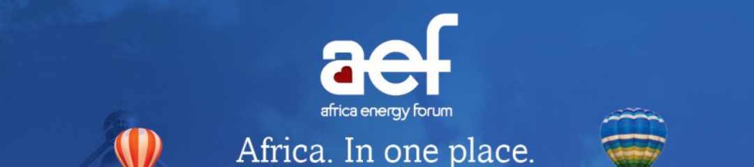 Official promotional banner and solar-storage layout map of emerging markets from the Africa Energy Forum (AEF)