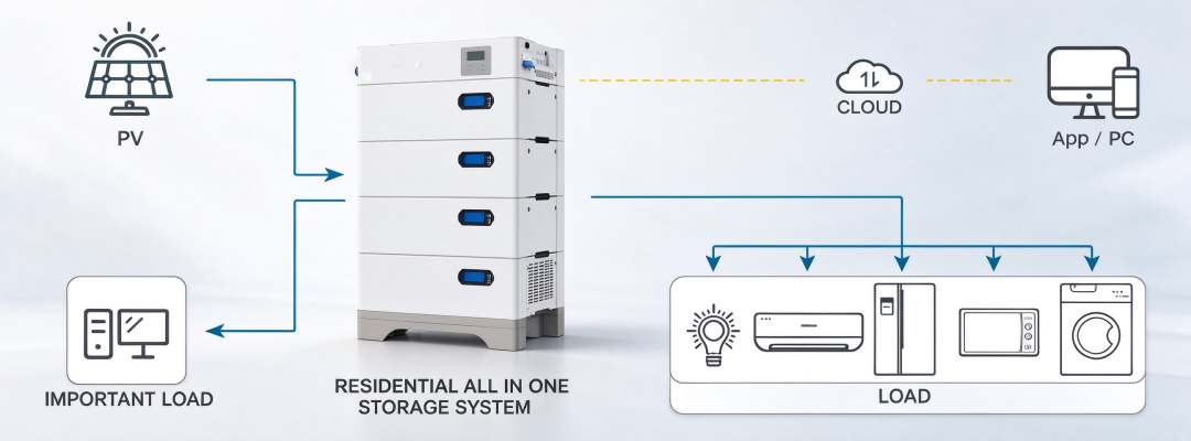 GreenMore Residential Photovoltaic and Energy Storage System: Photovoltaic Input, Load Power Supply, and Cloud APP Monitoring Topology Diagram