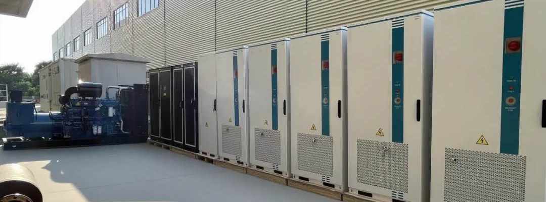 Real-life image of GreenMore's microgrid project consisting of outdoor parallel industrial and commercial energy storage cabinets and diesel generators.