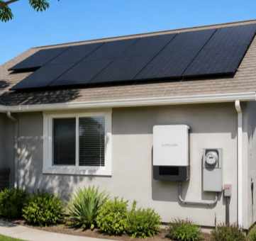 Real-life photos of GreenMore residential rooftop photovoltaic modules and exterior wall-mounted photovoltaic inverters installation.
