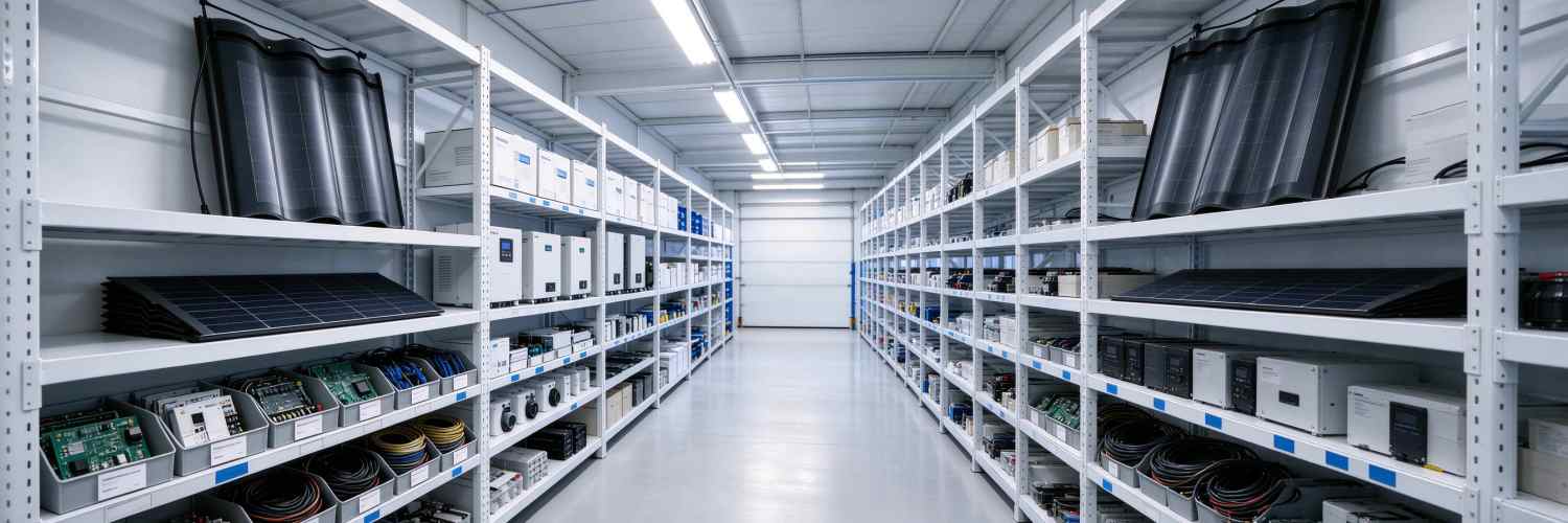 greenmore-solar-tile-inverter-warehouse-inventory GreenMore spare parts warehouse with solar roof tiles and electronic components on organized shelves