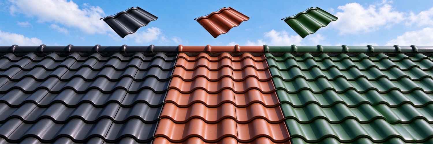 GreenMore BIPV solar tiles in black, reddish-brown and green colours.