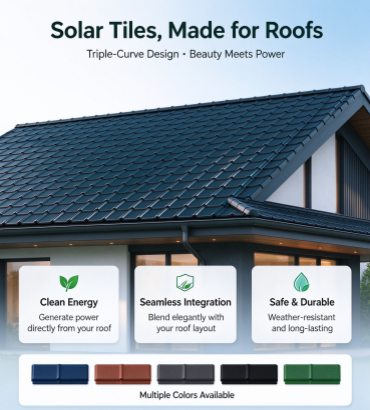 GreenMore curved BIPV solar roof tiles with multiple color options.