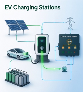 Solar-powered EV charging station with PV canopy and DC chargers