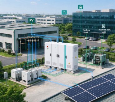 GreenMore liquid-cooled outdoor energy storage cabinet installed beside a modern commercial factory building with professional landscaping and concrete platform