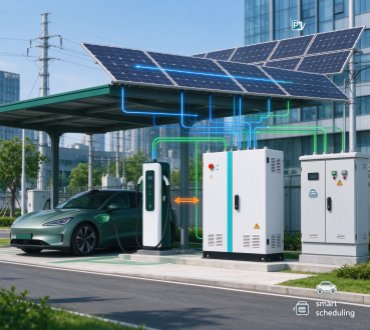 GreenMore integrated solar-plus-storage EV charging station featuring energy storage cabinet, solar canopy, and fast charging infrastructure in a commercial parking lot