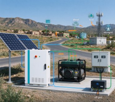 GreenMore liquid-cooled energy storage cabinet with ground-mounted solar panels in remote mountain area, providing off-grid power for rural electrification