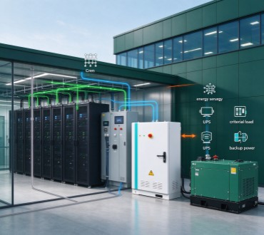 Multiple GreenMore liquid-cooled energy storage cabinets installed on elevated platform outside modern data center building, ensuring uninterrupted power continuity