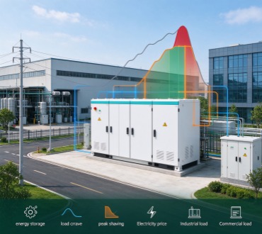 White GreenMore air-cooled energy storage cabinet installed at factory facility with rooftop solar panels and grid connection for commercial peak shaving and demand management