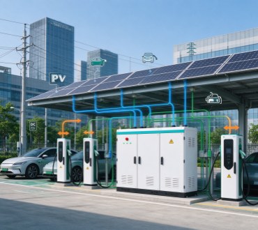 White GreenMore air-cooled battery cabinet at solar-powered EV charging station with photovoltaic canopy and electric vehicle charging pillars for integrated clean energy infrastructure