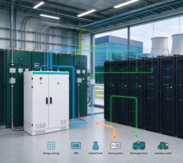 White GreenMore air-cooled energy storage cabinet providing mission-critical backup power for modern data center facility with seamless off-grid switching capability