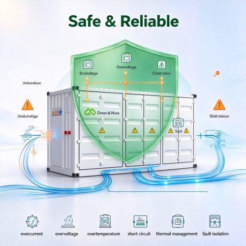 An exterior view of the GreenMore modular containerized energy storage system, featuring high scalability and high-efficiency energy storage.