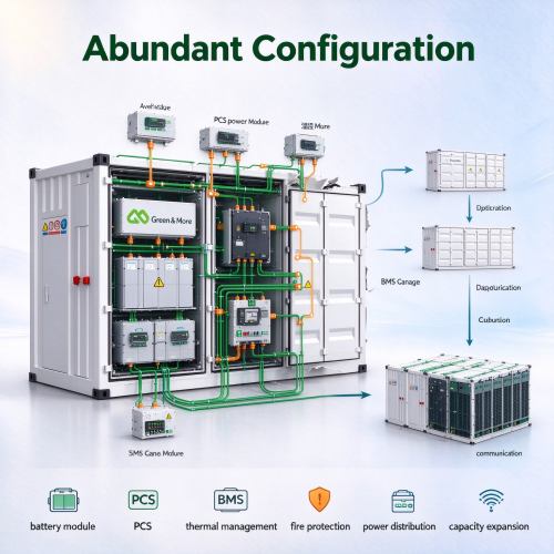 GreenMore containerized energy storage system internal architecture diagram, showing battery clusters, BMS, PCS and fire protection system.