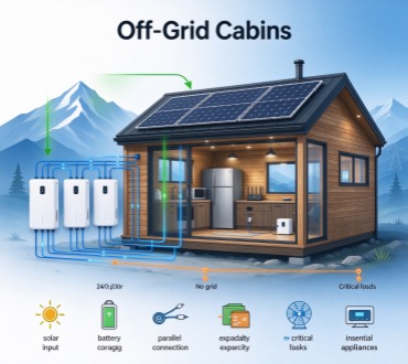 Off-grid remote cabin powered by solar and battery system
