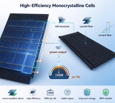 GreenMore 110W Monocrystalline High-Efficiency BIPV Solar Tile Cell Structure and Power Schematic Diagram