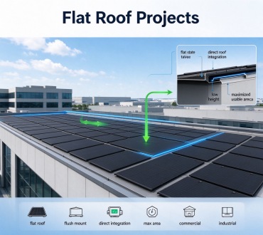 Flat roof building equipped with GreenMore tiled photovoltaic tiles for BIPV integration