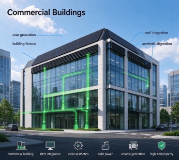 Commercial building rooftop with GreenMore tiled photovoltaic tiles generating clean solar power