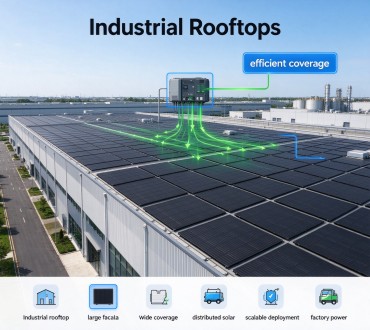 Industrial rooftop equipped with GreenMore tiled photovoltaic tiles for distributed solar generation