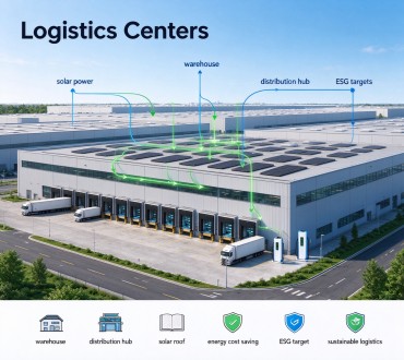 Logistics center warehouse rooftop with GreenMore tiled photovoltaic tiles for energy savings