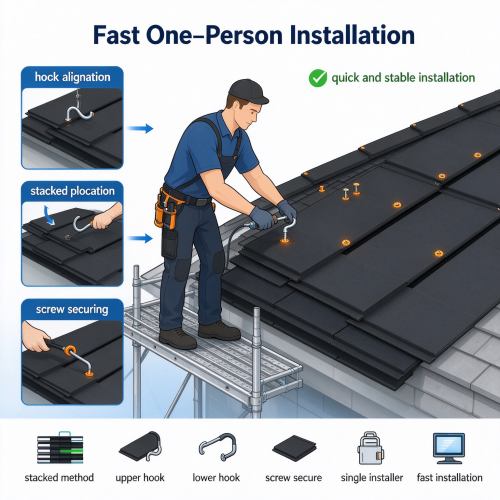 Solar roof tiles on residential cabin with terrace showing fast one-person installation