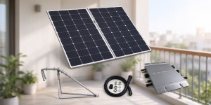 The GreenMore Balcony Solar Power System Kit includes two solar panels, a micro-inverter, a balcony mounting bracket, and connecting accessories.