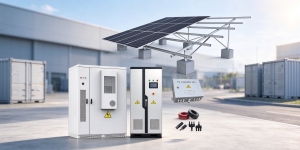 GreenMore solar photovoltaic kits include photovoltaic panels, mounting brackets, stacked battery cabinets, and inverter equipment.