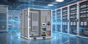 GreenMore's grey containerized energy storage system compartment is equipped with a control panel, wiring interfaces, and safety warning labels.