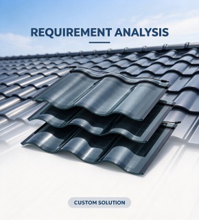 GreenMore technicians showcase CE/IEC certification documents and a photovoltaic roof model, highlighting BIPV customization services aligned with international standards for overseas markets.
