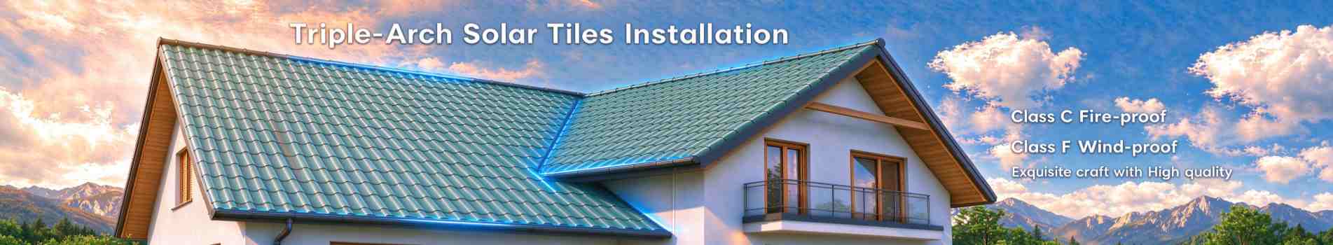 GreenMore Triple-Arch curved BIPV solar roof tiles on a residential roof GreenMore Triple-Arch curved BIPV solar roof tiles installed across the roof of a two-storey house.